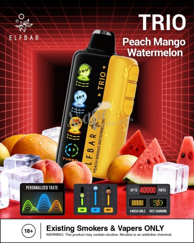 Elfbar trio up to 40000 puffs 50mg nicotine 4 mesh coil disposable vape in Dubi Peach Mango Watermelon