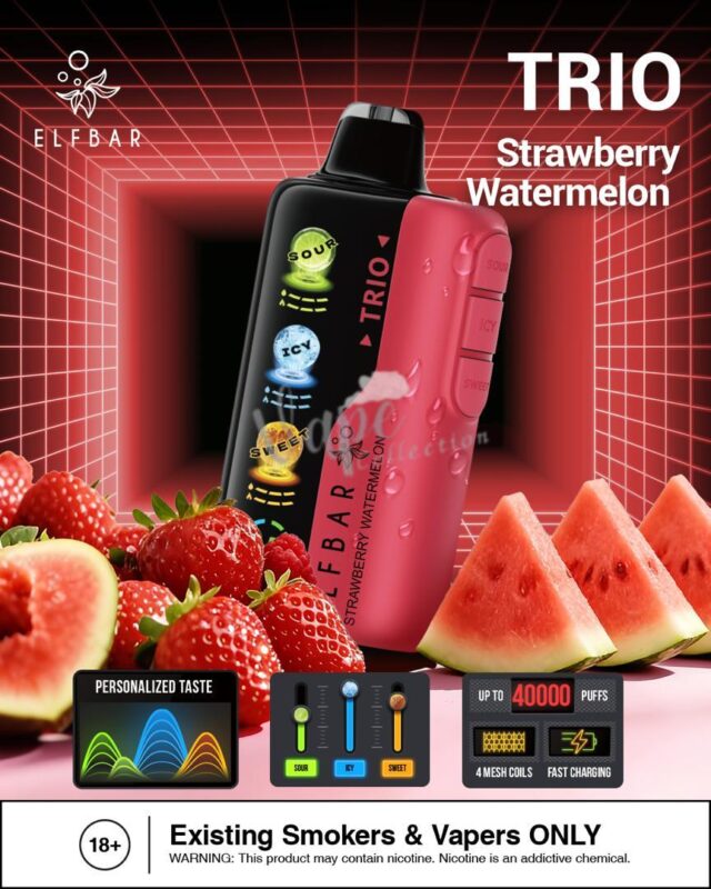 Elfbar trio up to 40000 puffs 50mg nicotine 4 mesh coil disposable vape in Dubi Strawberry Watermelon