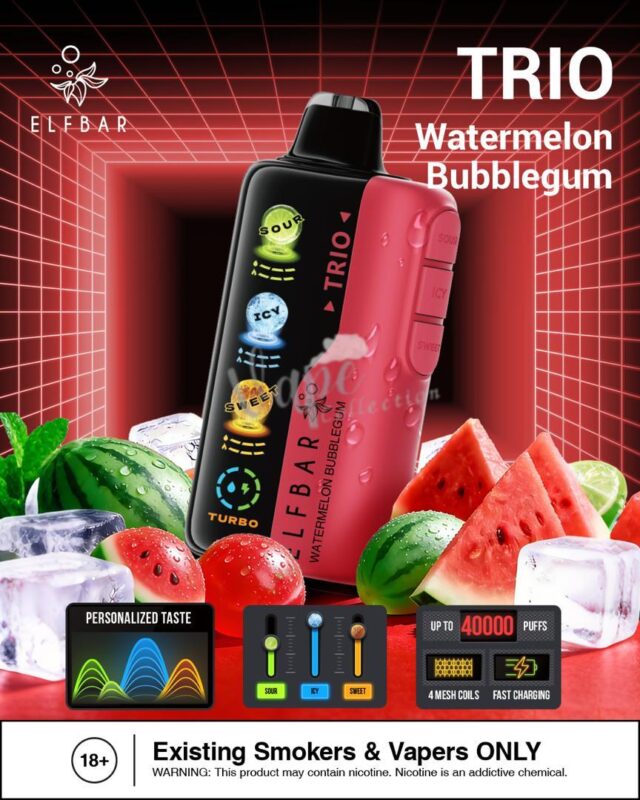 Elfbar trio up to 40000 puffs 50mg nicotine 4 mesh coil disposable vape in Dubi Watermelon Bubblegum